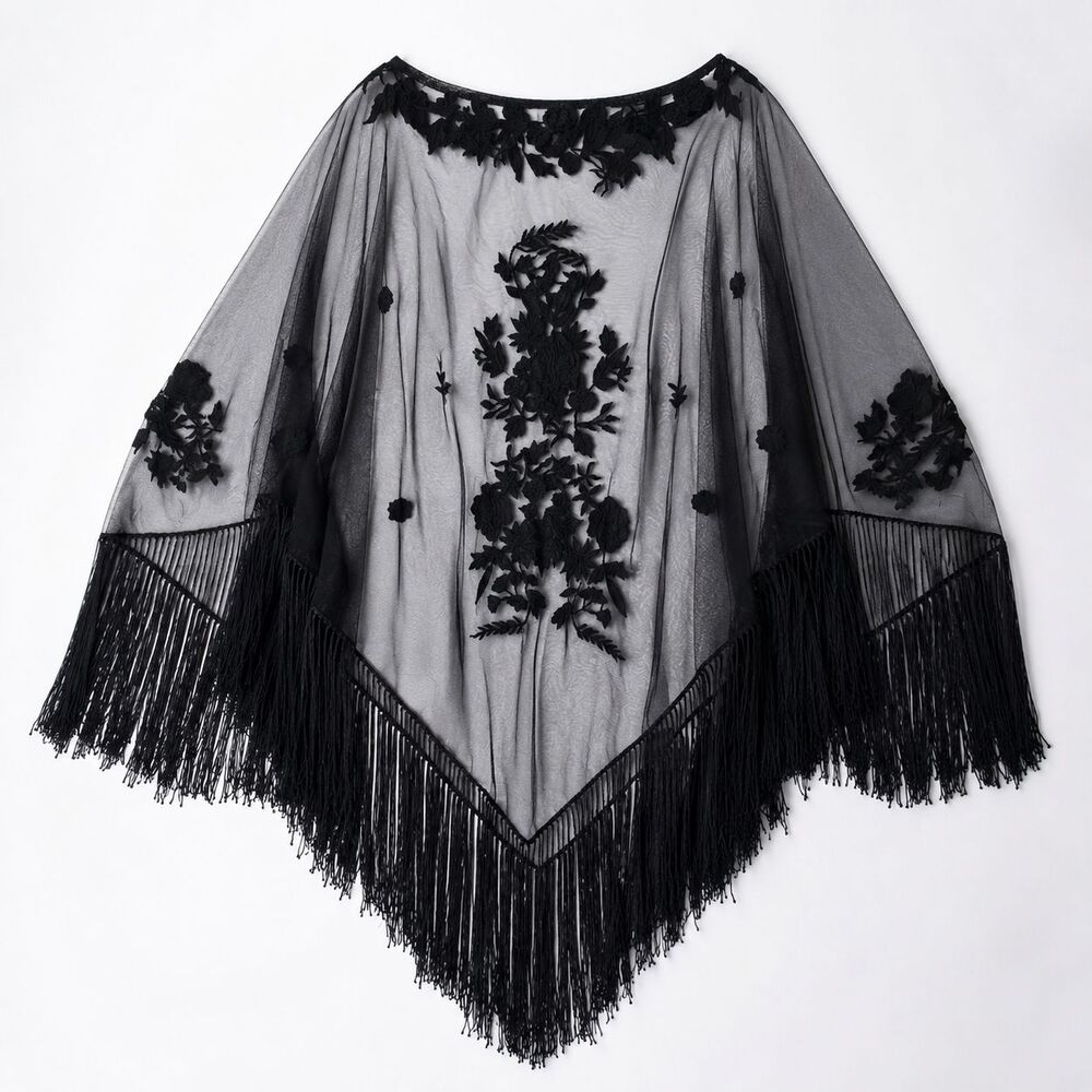 Sana Sheer Floral Lace Fringe Poncho Women's OS One Size Black Topper Scarf